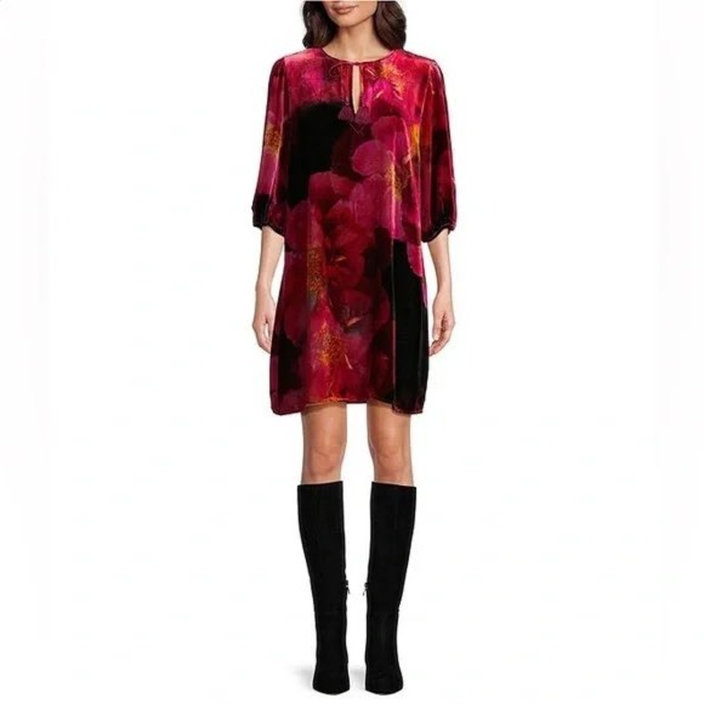 Johnny Was Velvet Floral Print Tassels Tie Neck Dress XS